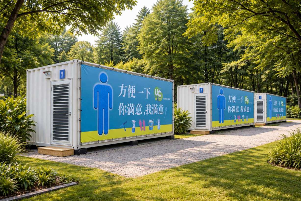 活動現場設有多間環保節水的五星級貨櫃廁所示意圖。